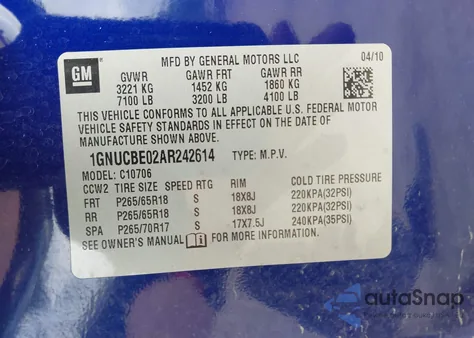 2010 Chevrolet Tahoe Lt z USA, uszkodzony, nr VIN 1GNUCBE02AR242614